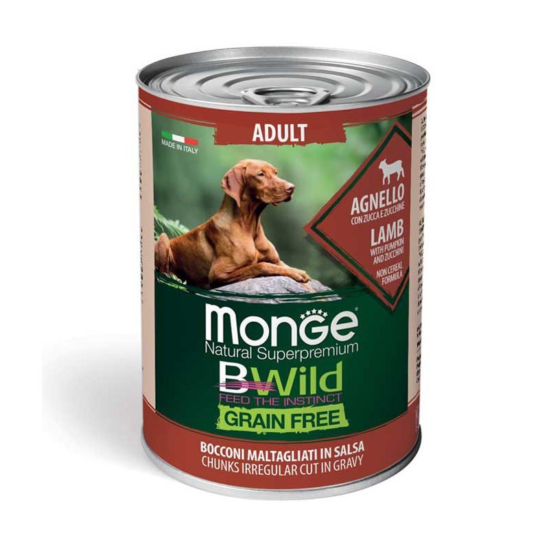 Image of Monge BWild Grain Free Adult Agnello con Zucca e Zucchine Umido per Cani